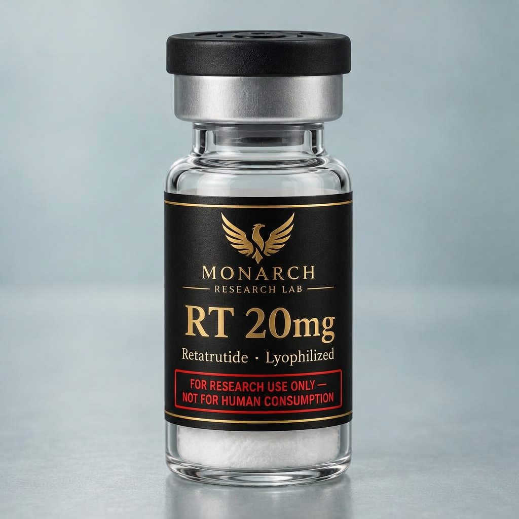 Monarch Research Lab RT 20mg Retatrutide vial labeled for research use only, not for human consumption