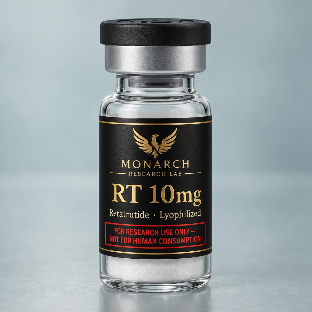 Monarch Research Lab RT 10mg Retatrutide vial labeled for research use only, not for human consumption